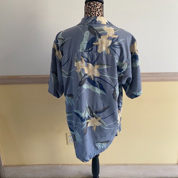 Geoffrey Beene Men's Gray-Blue Tan Silk Blend Floral Hawaiian Shirt Size M H7 - Picture 2 of 3